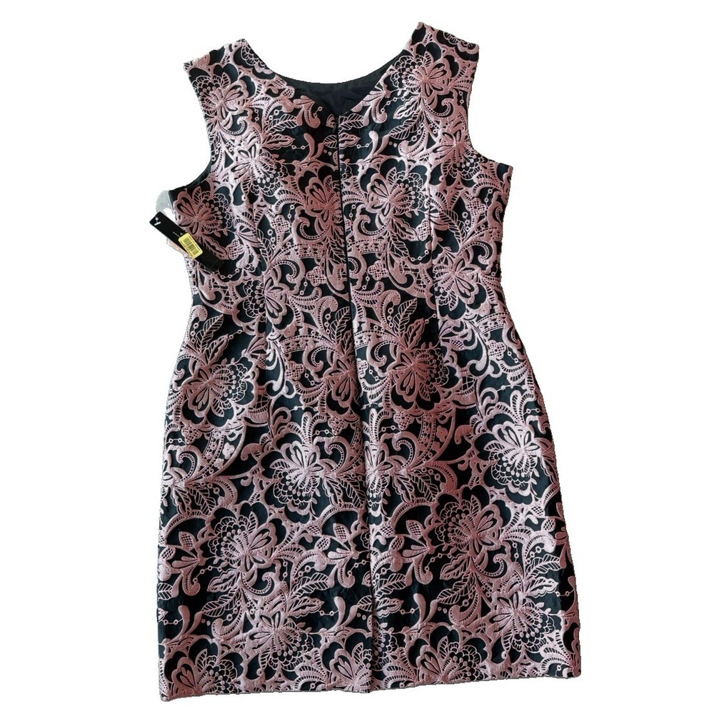 NWT Tahari Arthur S. Levine Dress 14 Pink Black Floral Brocade Fit & Flare